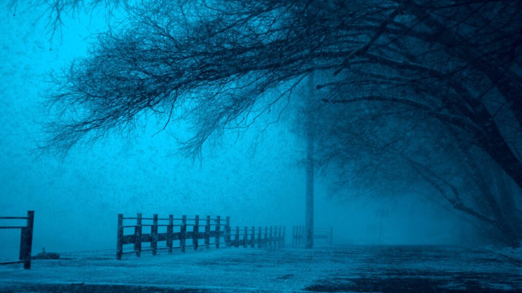 An eerie winter landscape with fog, snow, and a wooden fence in a serene outdoor setting.
